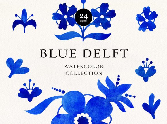Download Blue Delft Watercolor Floral Elements - Watercolor floral elements Collection