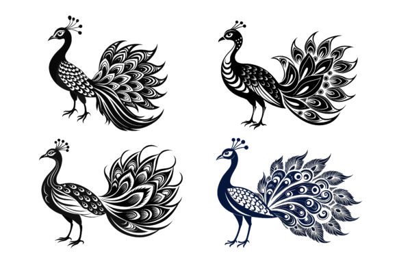 Download Peacock Line Art Silhouette Set. - Silhouette Collection